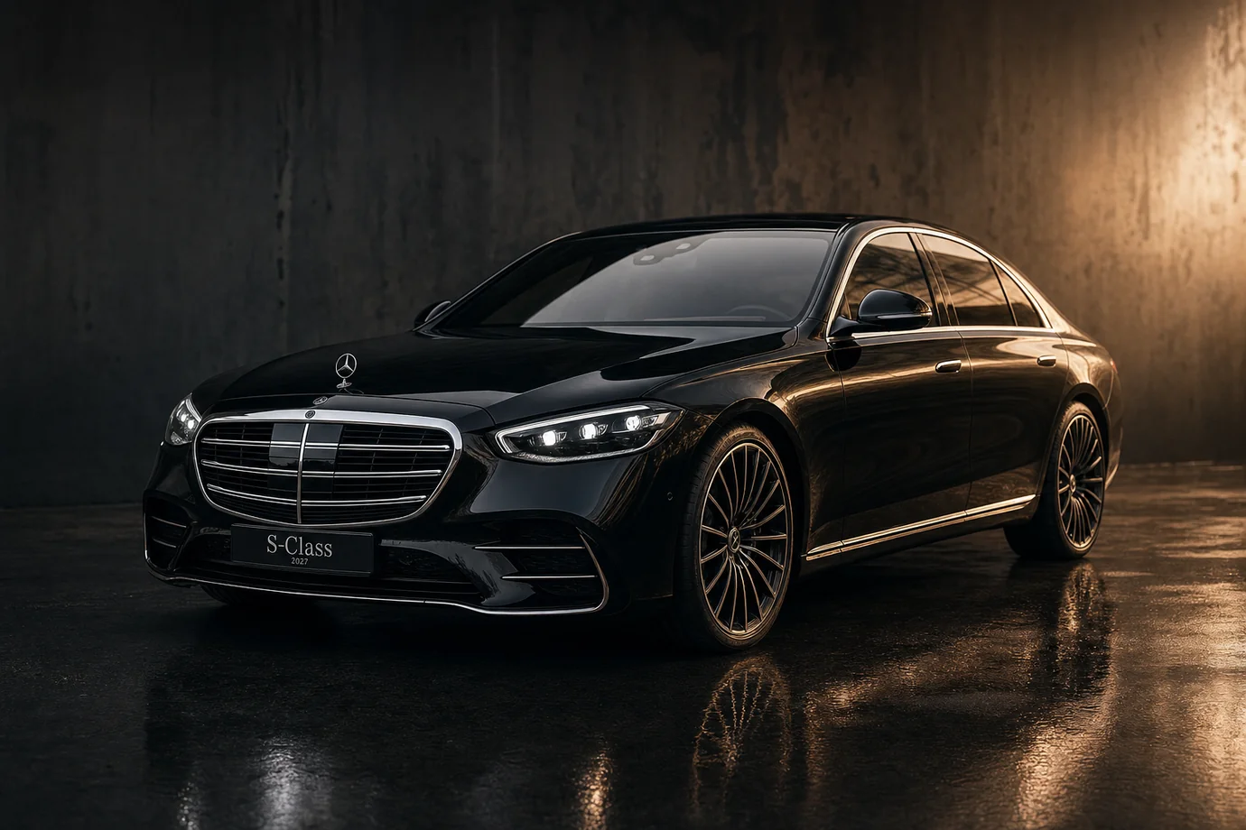 A modern luxury sedan staged in a dim studio under a single warm light