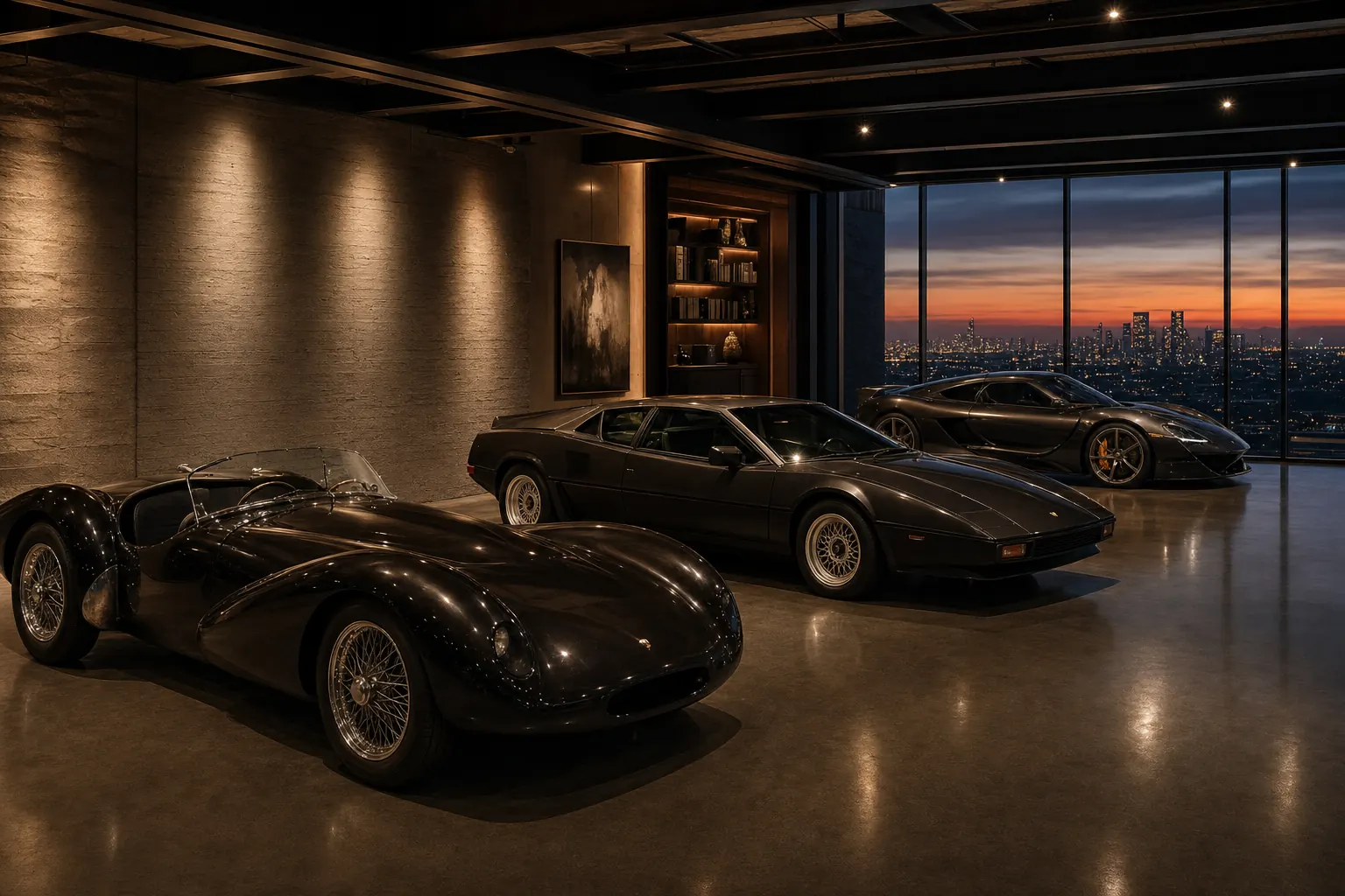 A private collector garage with several vehicles arranged under architectural lighting