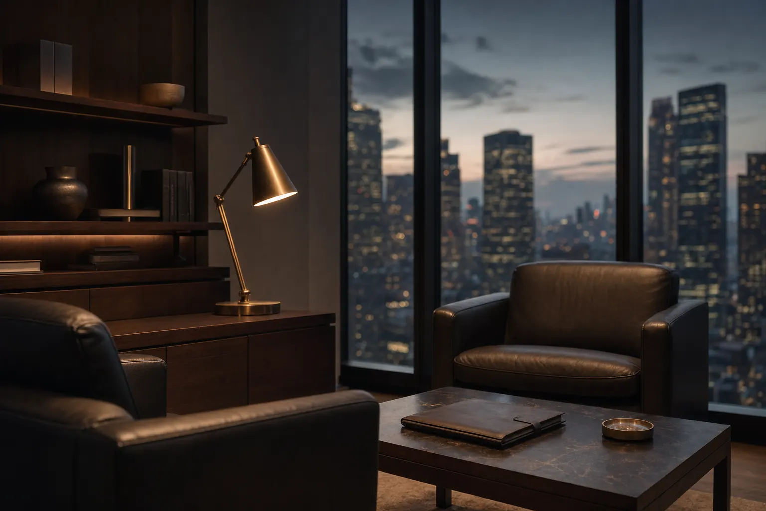 A quiet private lounge with leather chairs and a city skyline at dusk
