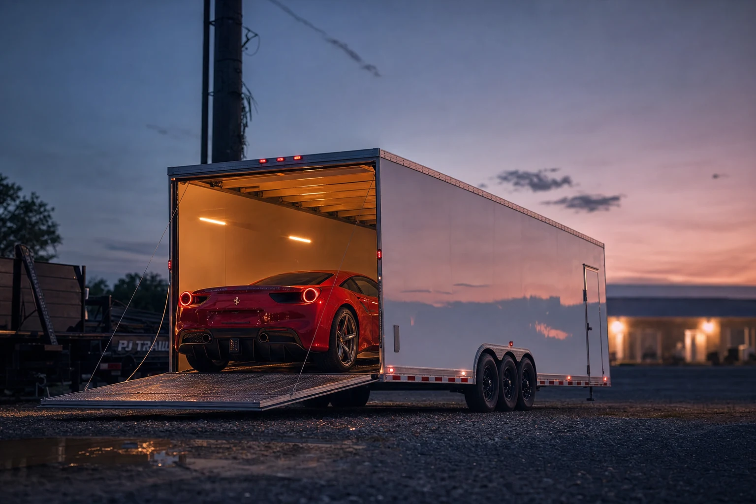 A red exotic sports car loaded inside Alan's enclosed car-hauler trailer, secured and ready for transport