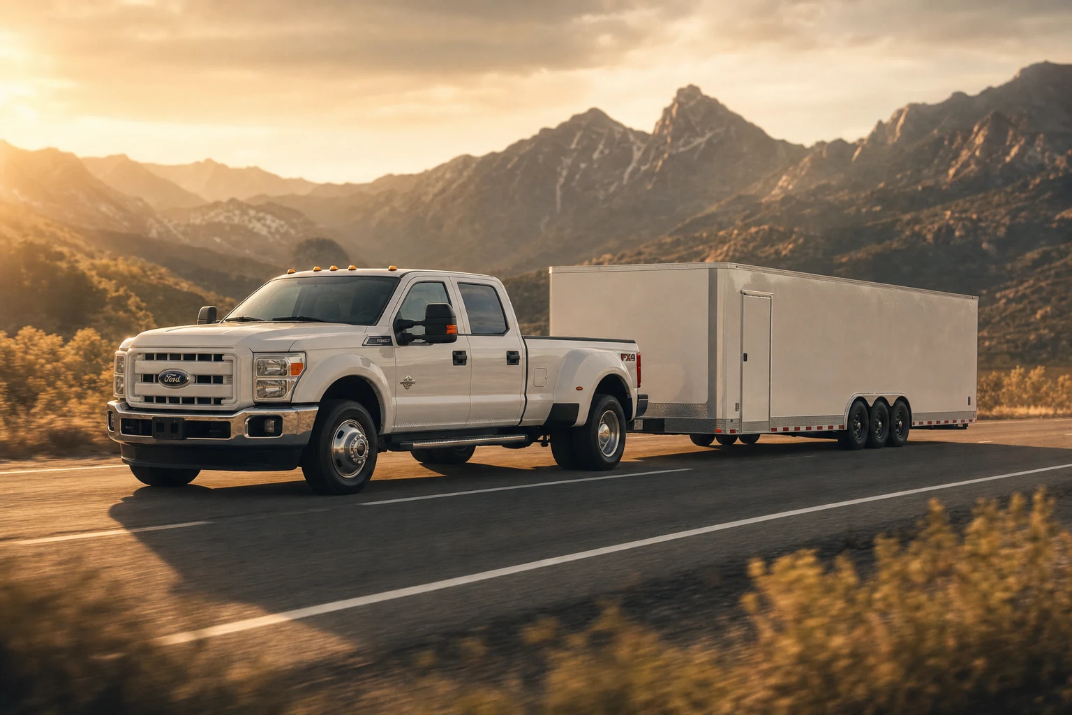 Alan's actual truck and enclosed trailer driving down a desert highway at golden hour with mountains in the distance