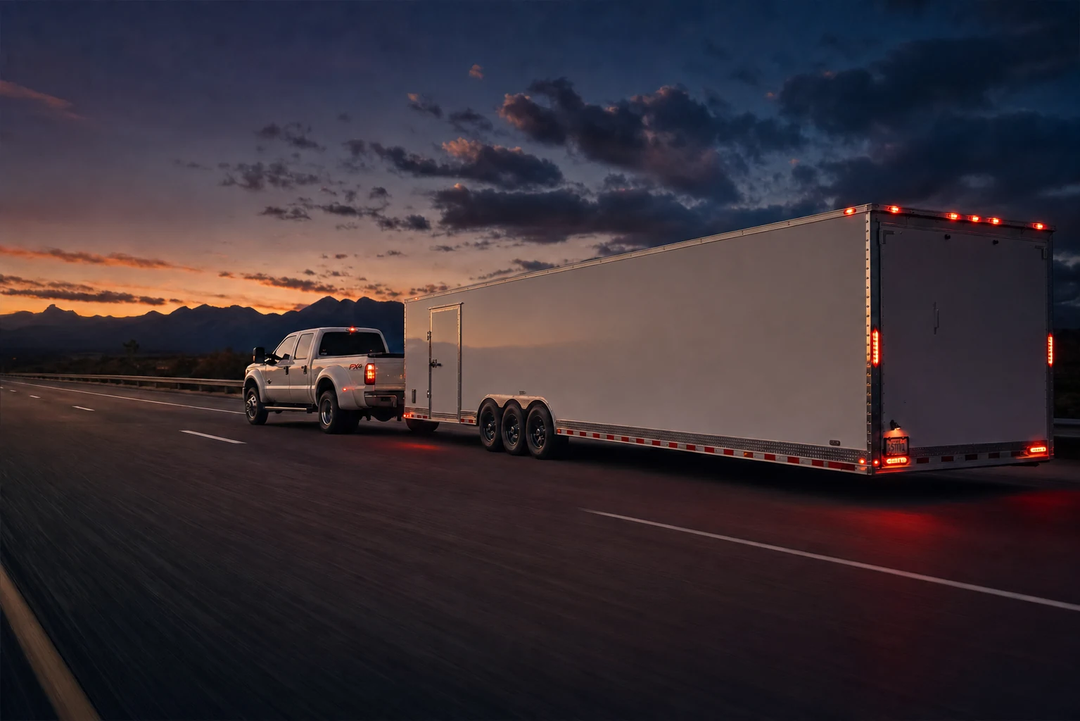 Alan's truck and trailer departing on a nationwide run at dusk