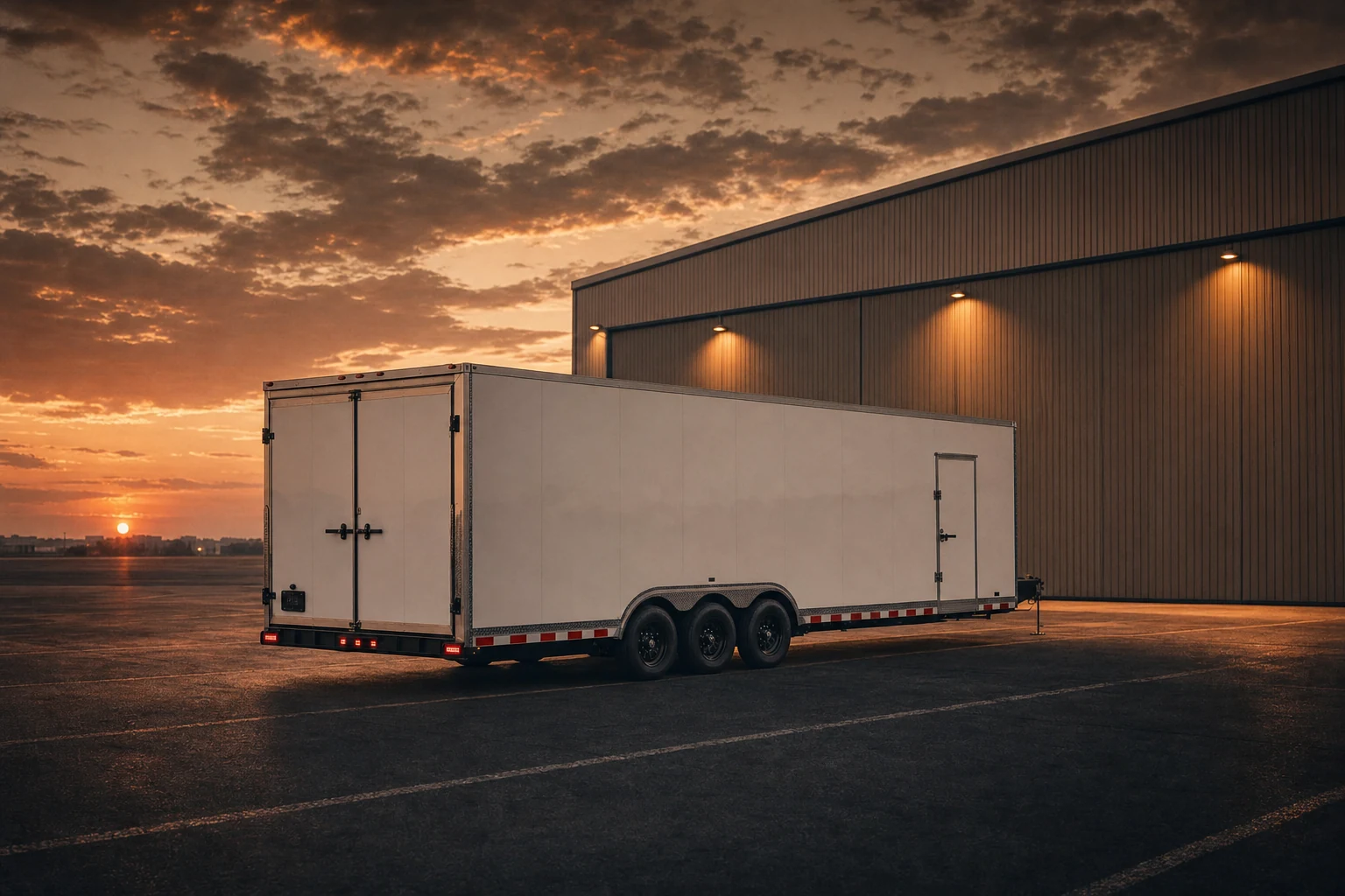 Alan's enclosed car-hauler trailer parked at dusk beside a private aircraft hangar